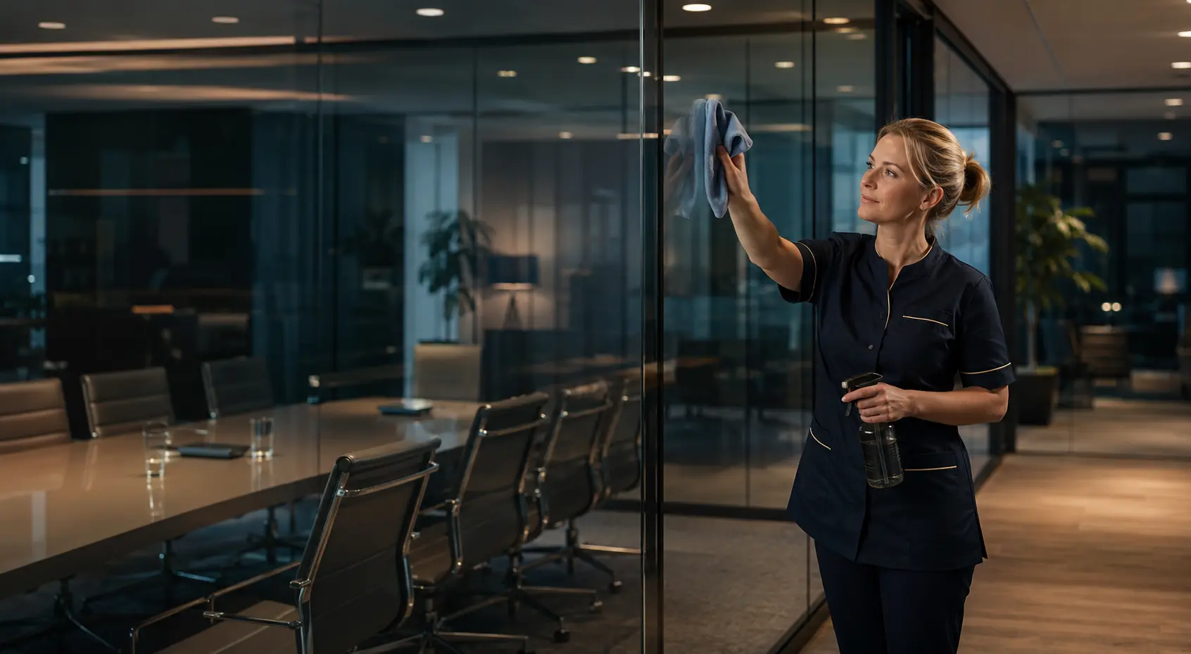 Professional cleaner working in a communal business space