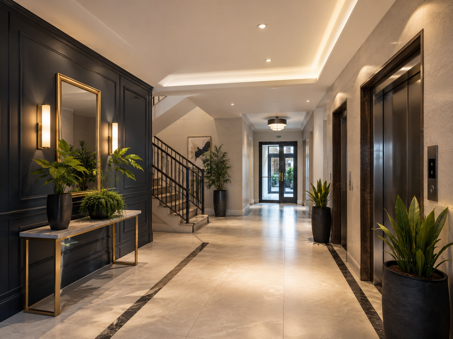 Bright, elegant communal building lobby